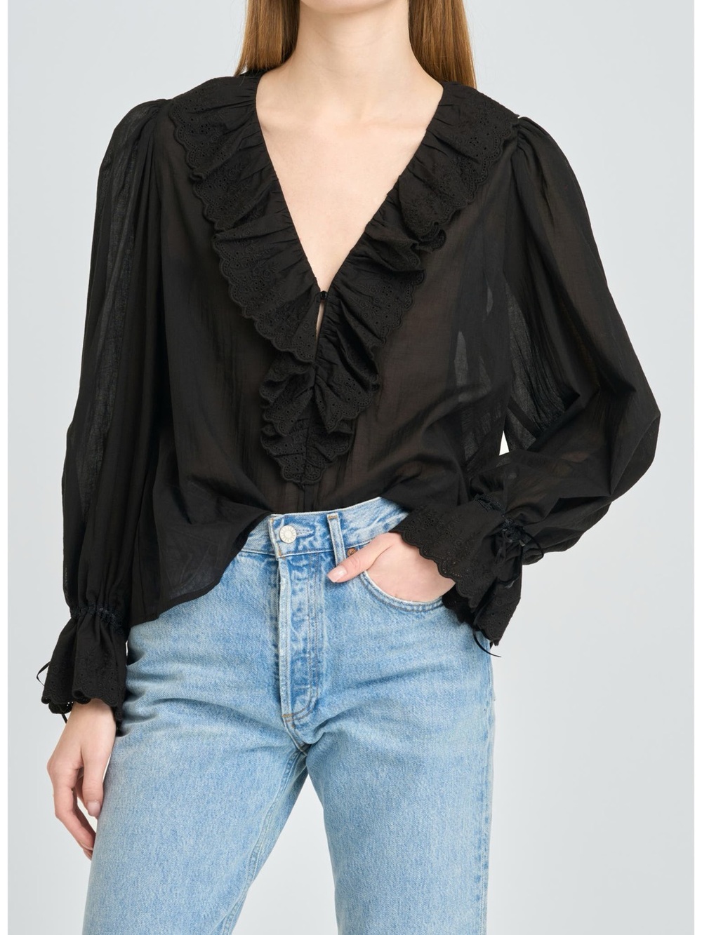 Wayf Helena Eyelet Ruffle Cotton Lawn Top Black Large NWT